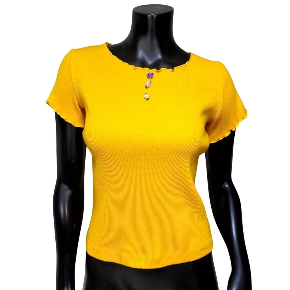 Chic Yellow Ribbed Cotton Baby Tee Lettuce Trim Floral Y2K Coquette Top XL Indie